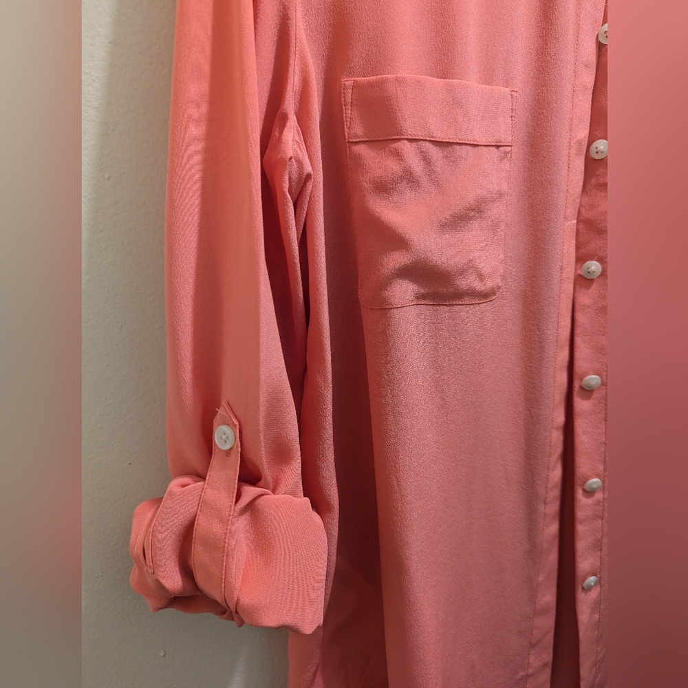 Anne Klein Peach Long Sleeve Roll Tab Pockets Button-Down Silk Collar Shirt- L - Picture 9 of 12
